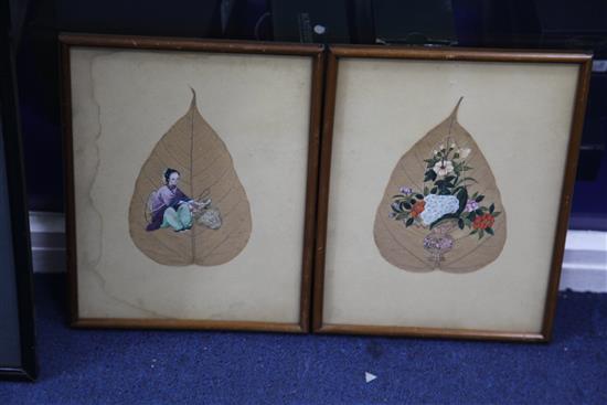 Eight various Chinese paintings on pith paper and leaves, 19th century,